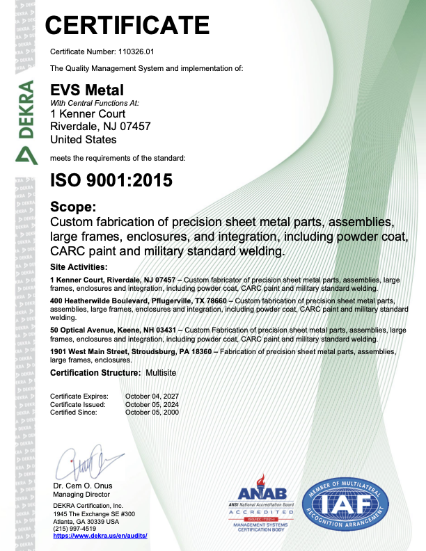 EVS Metal ISO 9001:2015 quality certification icon